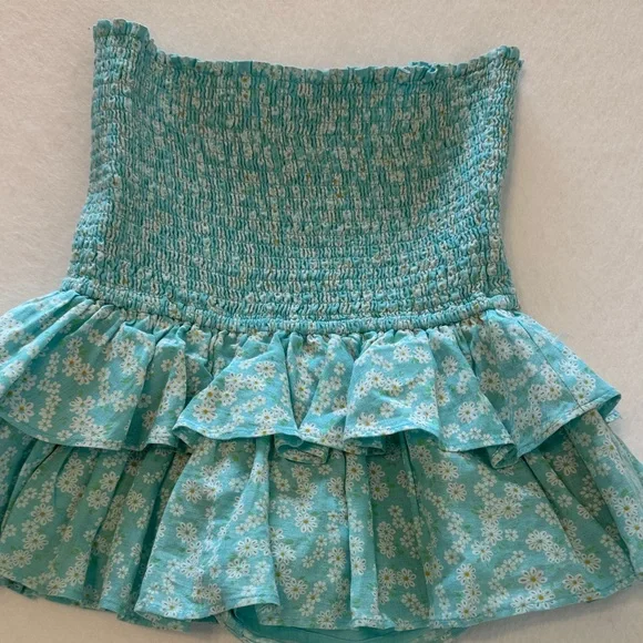 Feminine Floral Ruffle Mini Skort Linen Cotton Blend Aqua Size S - Picture 2 of 6